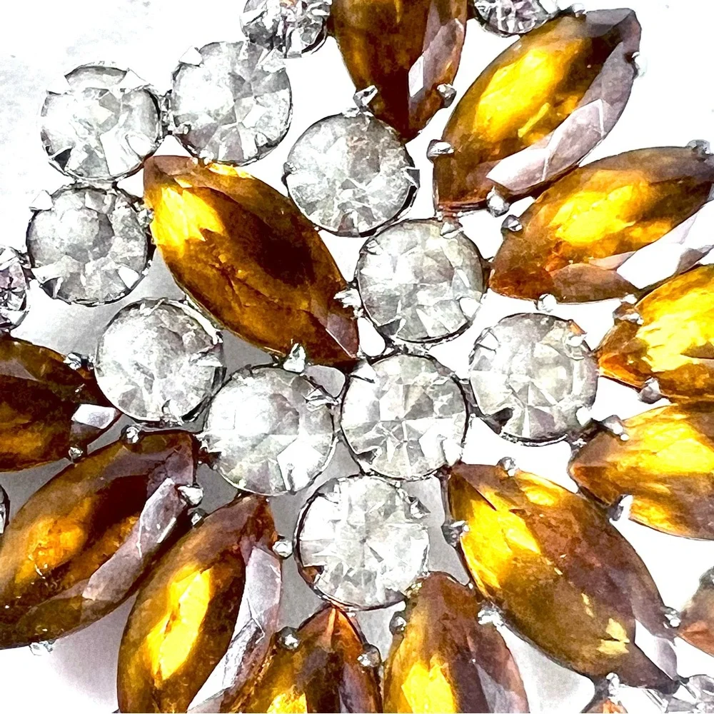 Vintage Brooch Large Rhinestone Pin Amber Gold 1950 1960